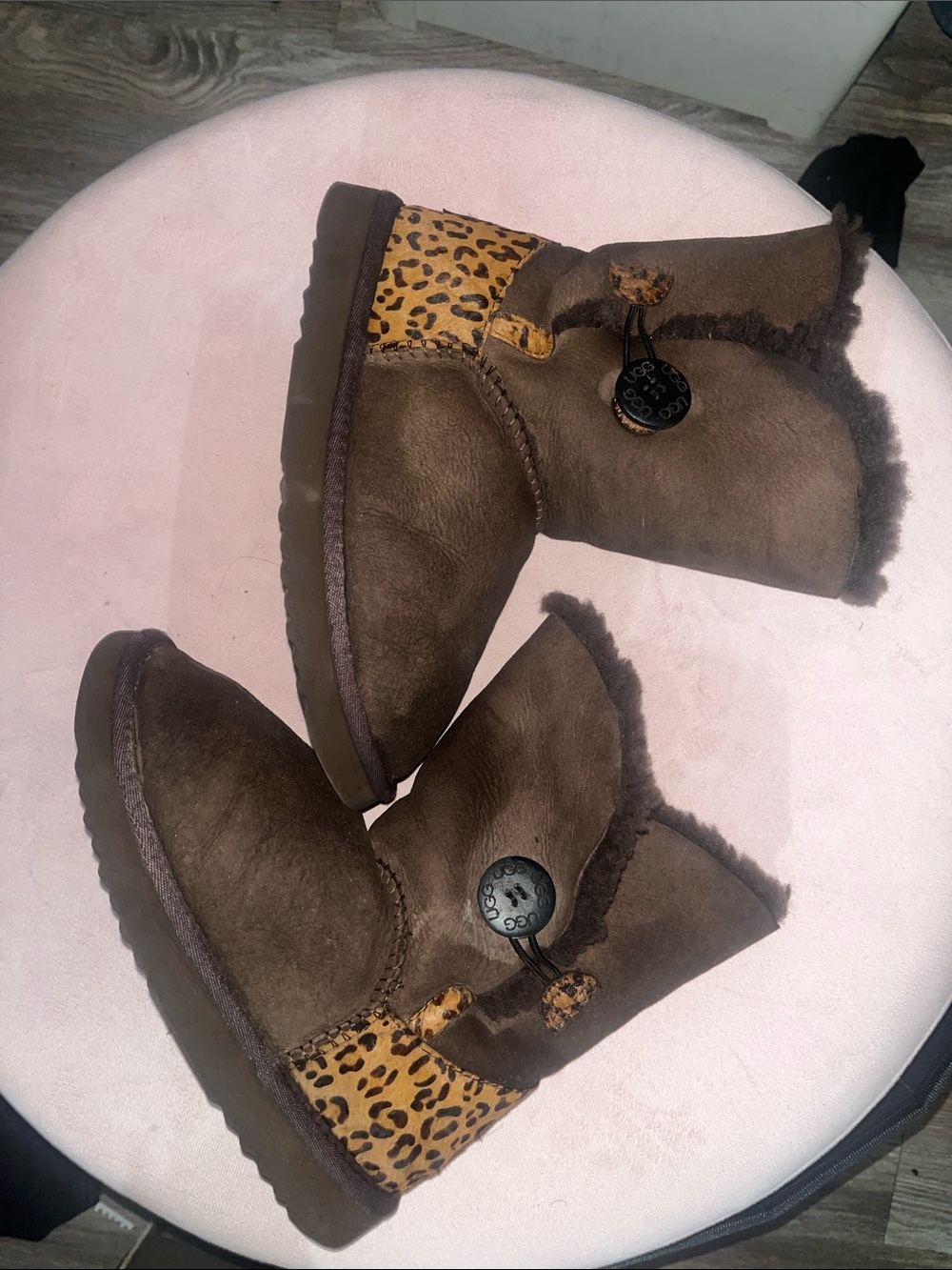 UGG Women's Brown Suede Shearling Boots with Leopard Accent
